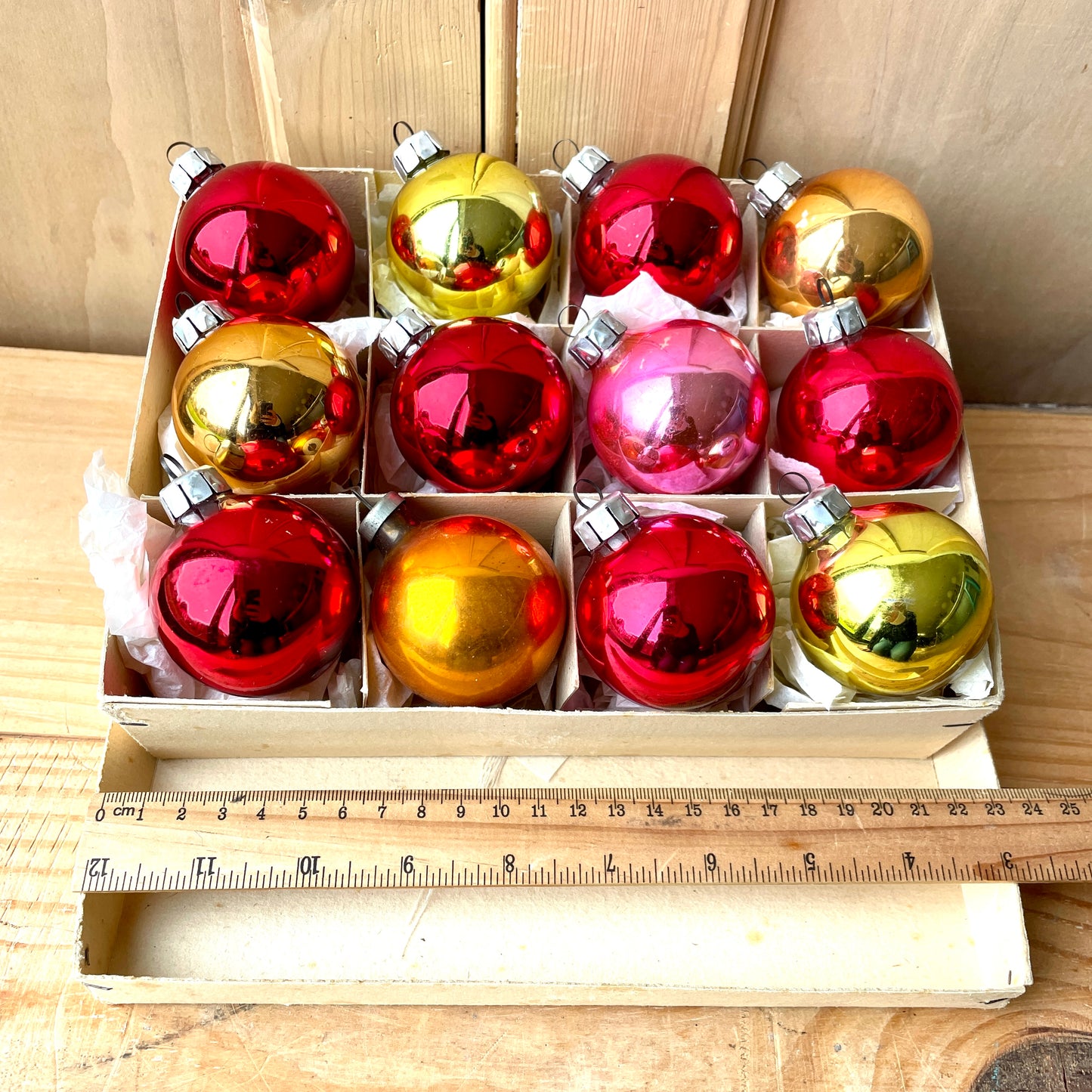 Twelve vintage glass baubles