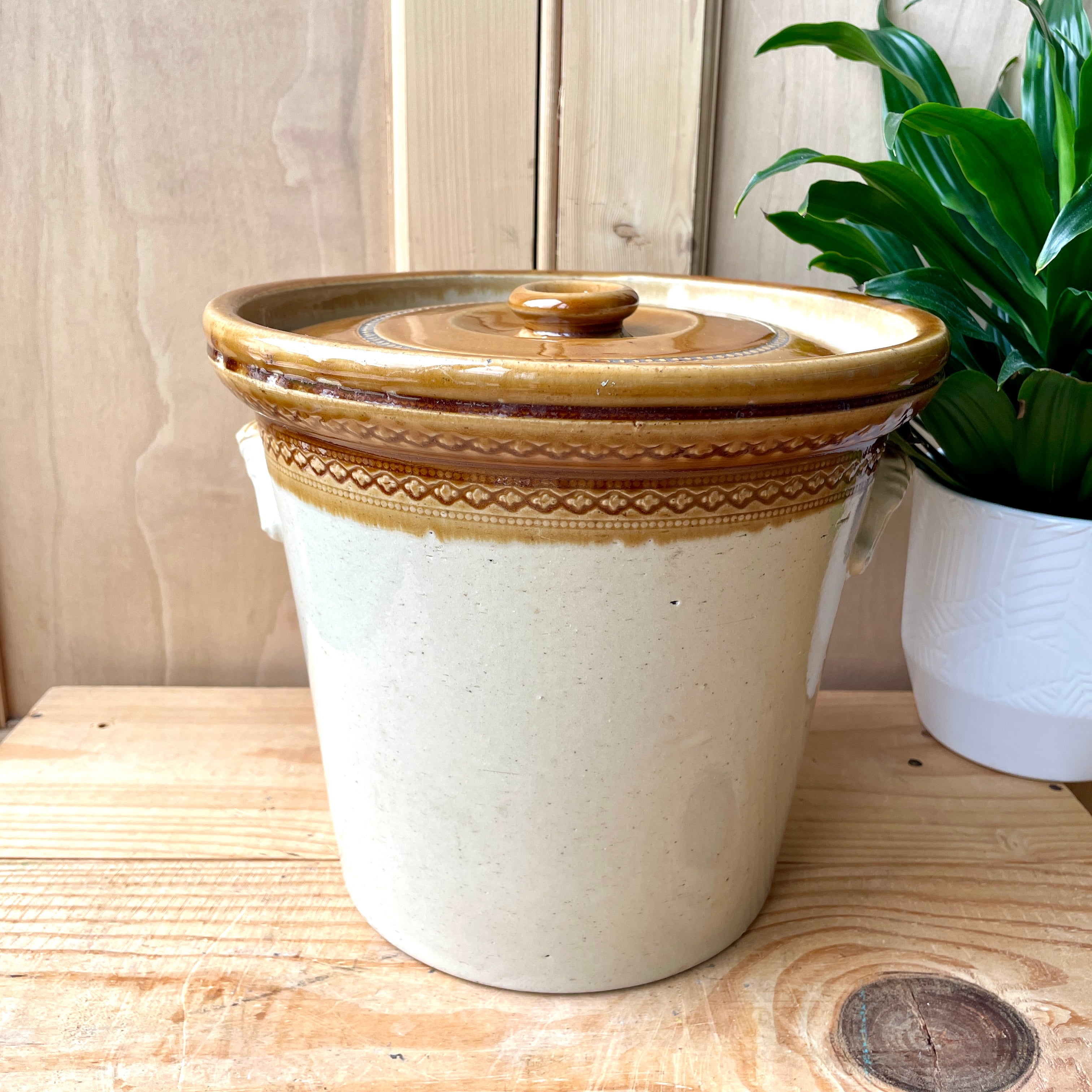 Antique Butter Crock deals with Wooden Handle