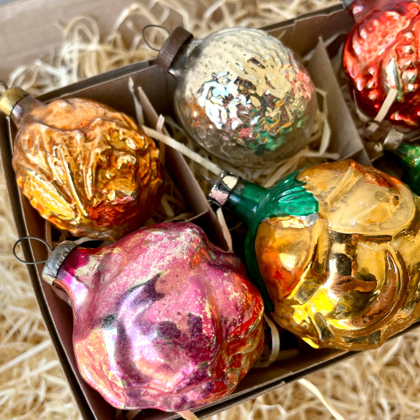 Six early mixed glass baubles