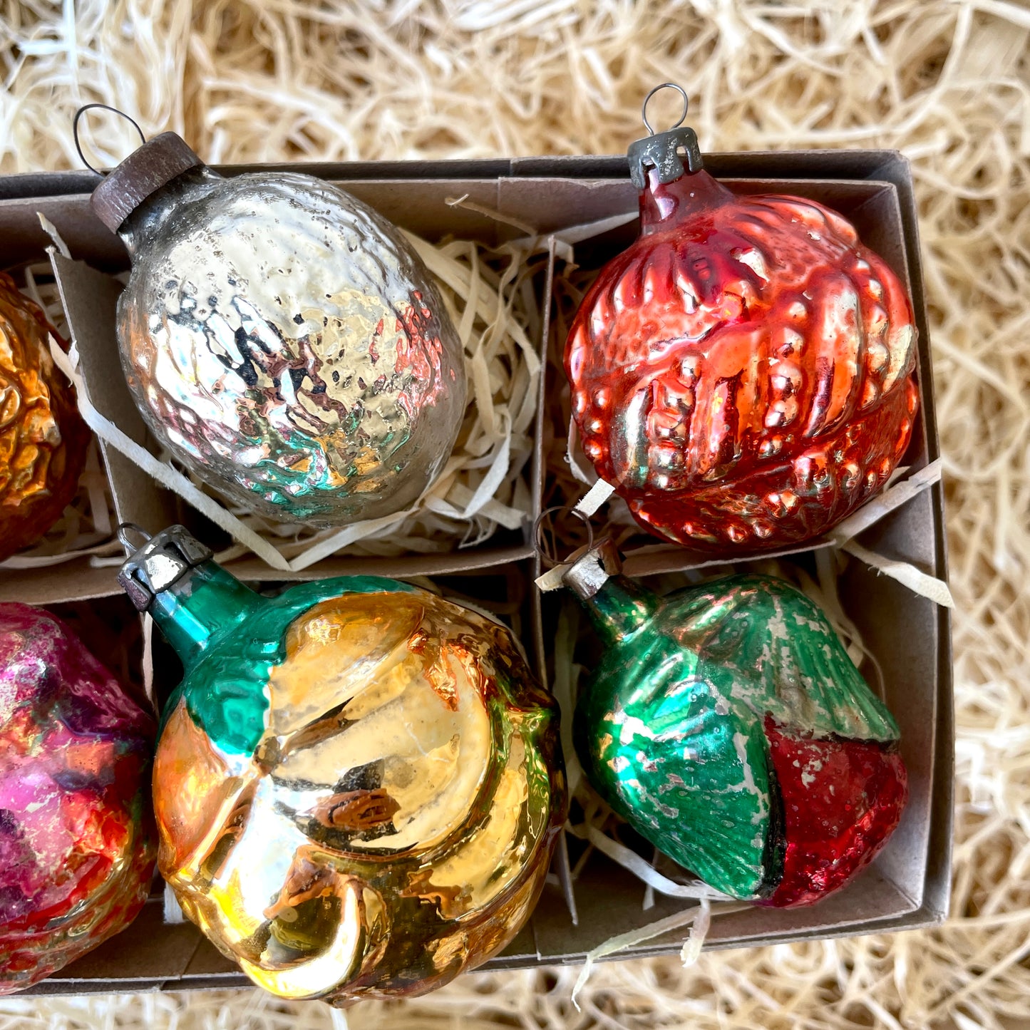 Six early mixed glass baubles