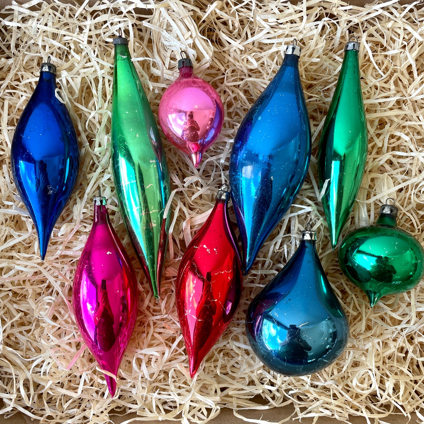 Nine vintage droplet shaped glass baubles