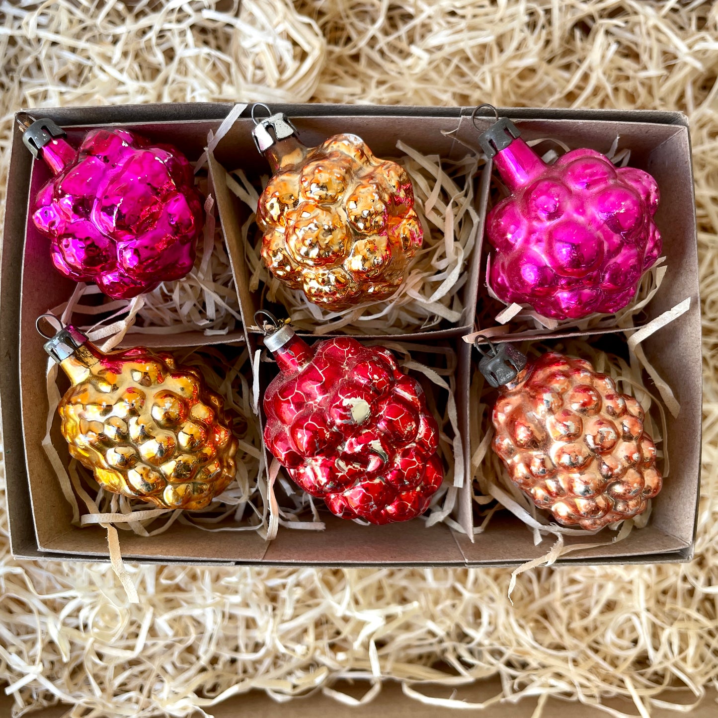 Six vintage berry shaped glass baubles