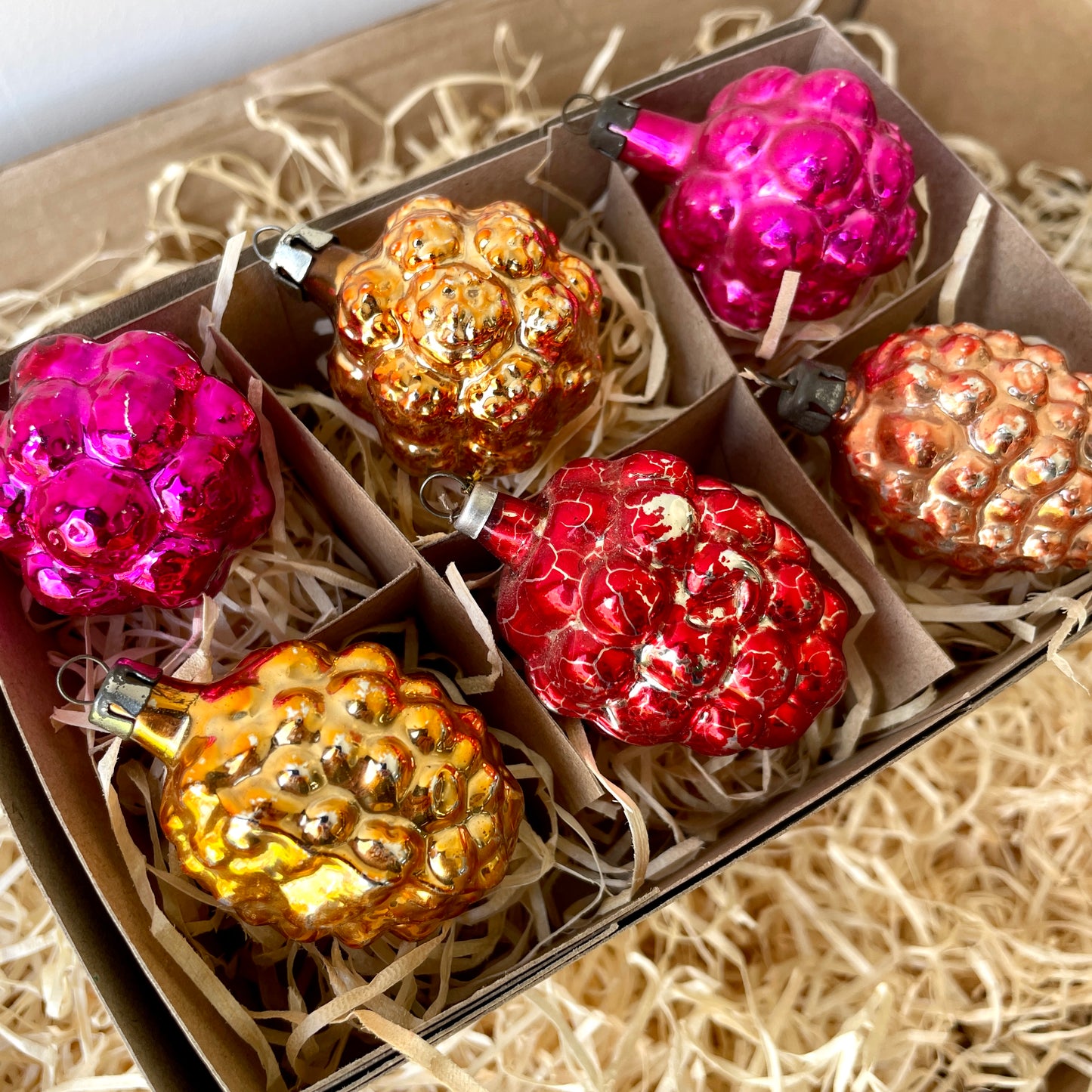 Six vintage berry shaped glass baubles