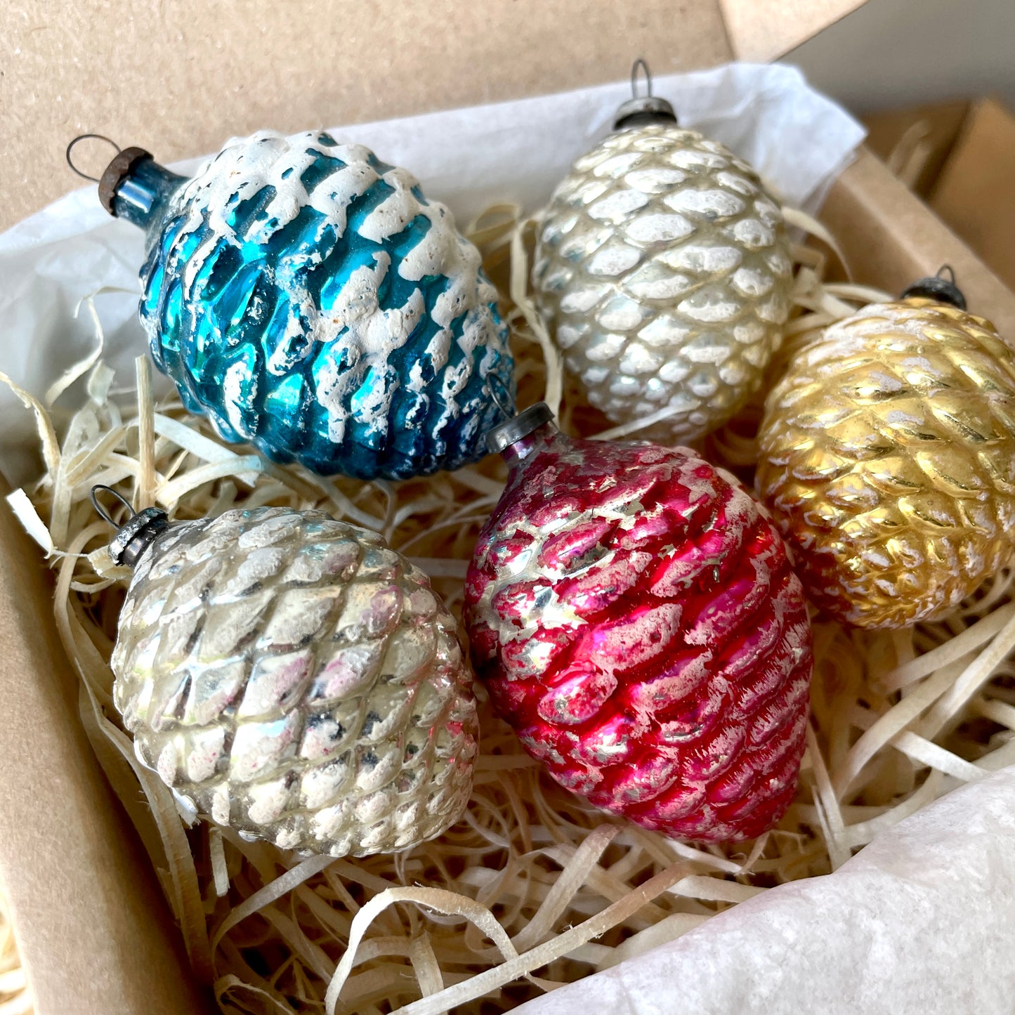 Five vintage pine cone shaped glass baubles