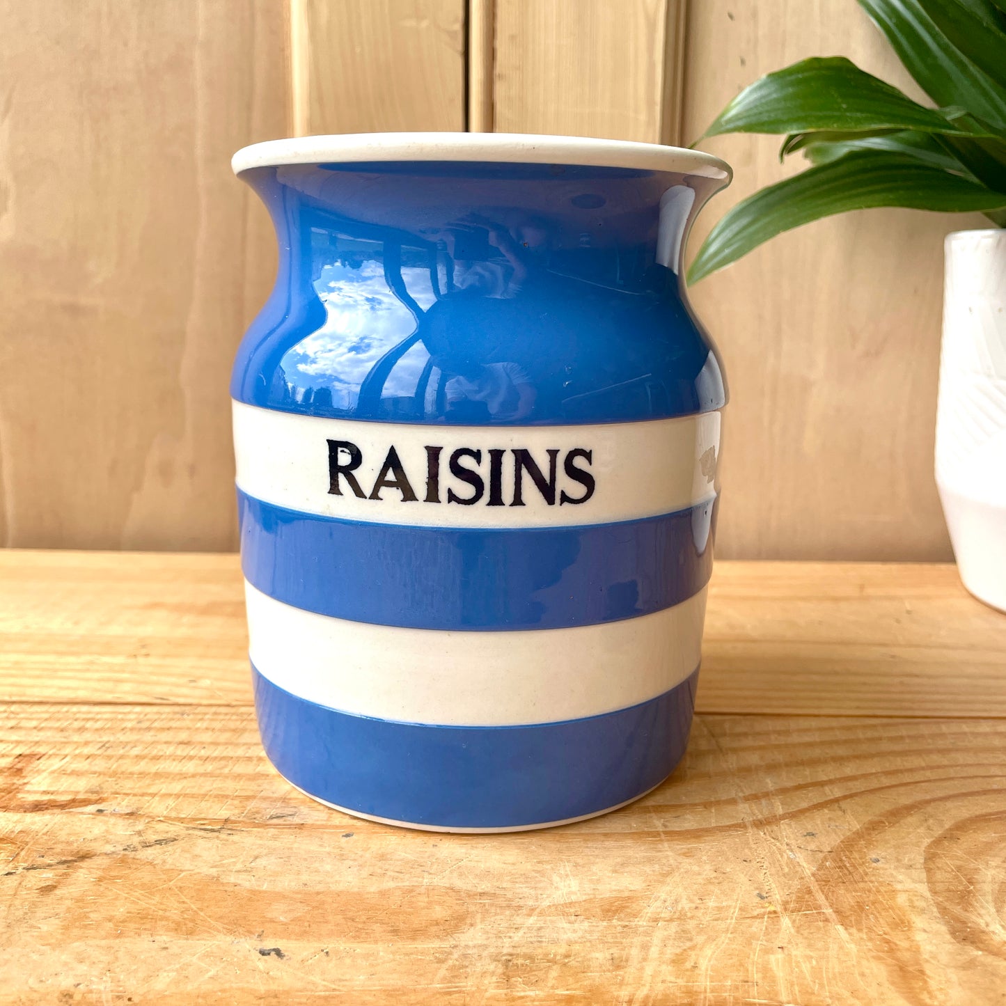 Vintage TG Green Blue and White 1930s Raisins Canister