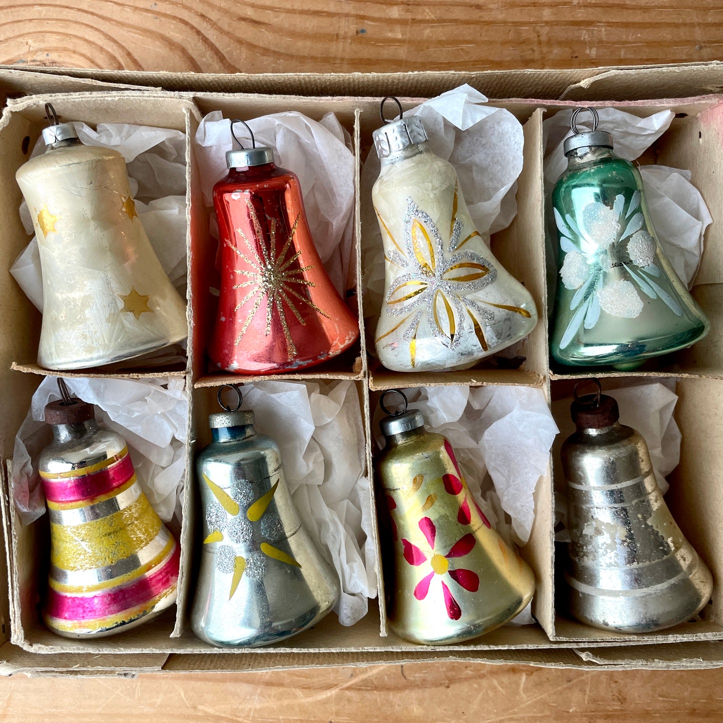 Eight vintage glass bell baubles