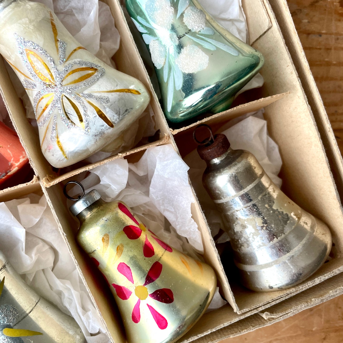 Eight vintage glass bell baubles