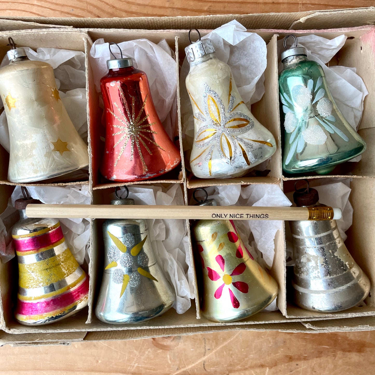 Eight vintage glass bell baubles