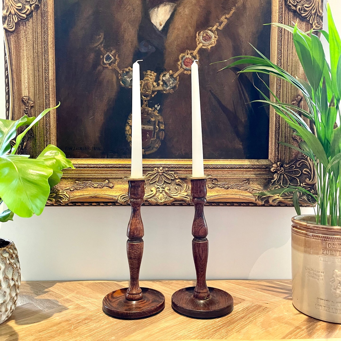 Antique oak candlestick holders