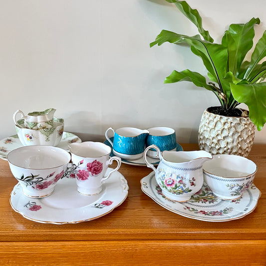 Vintage Cake plate, Milk Jug and Sugar bowl sets