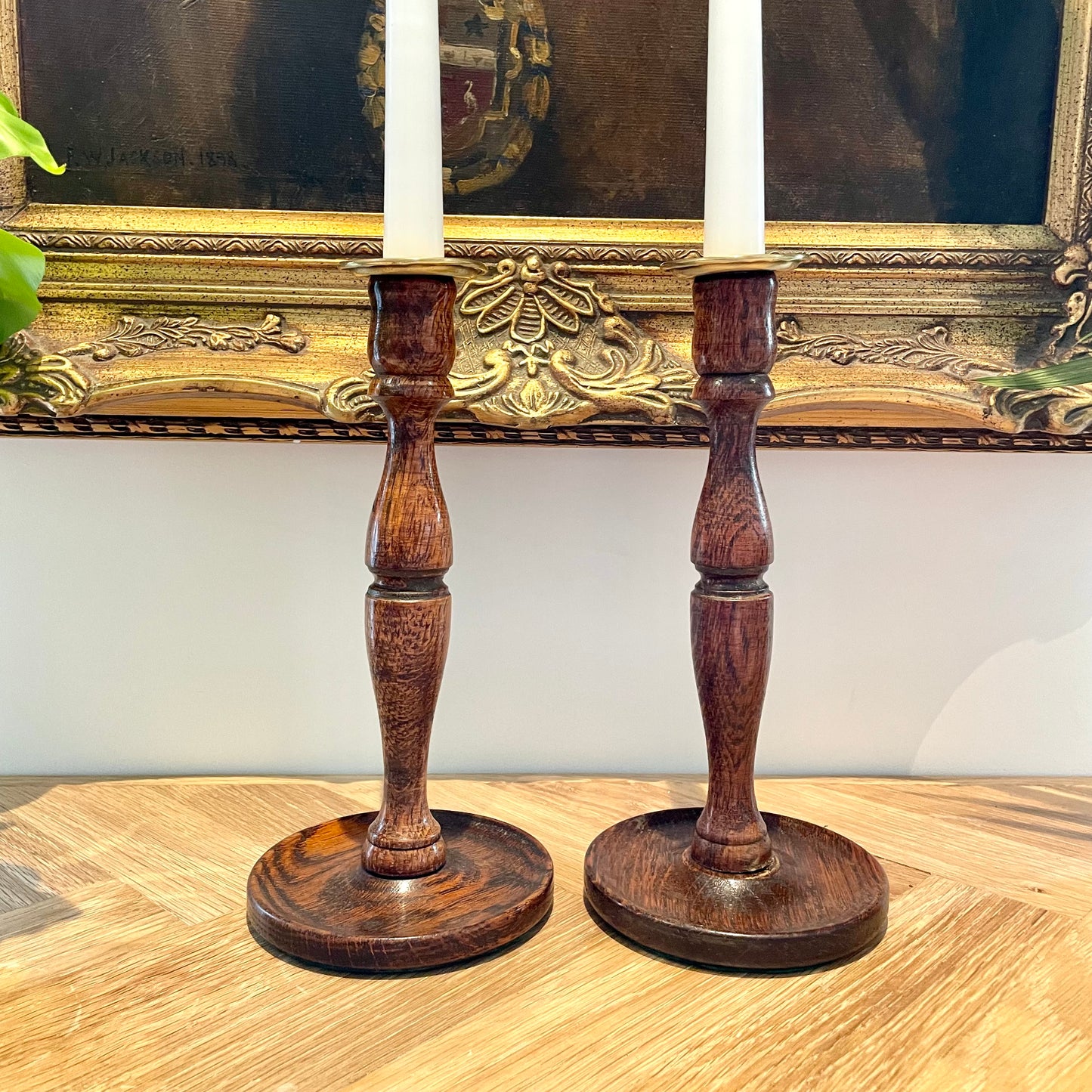 Antique oak candlestick holders