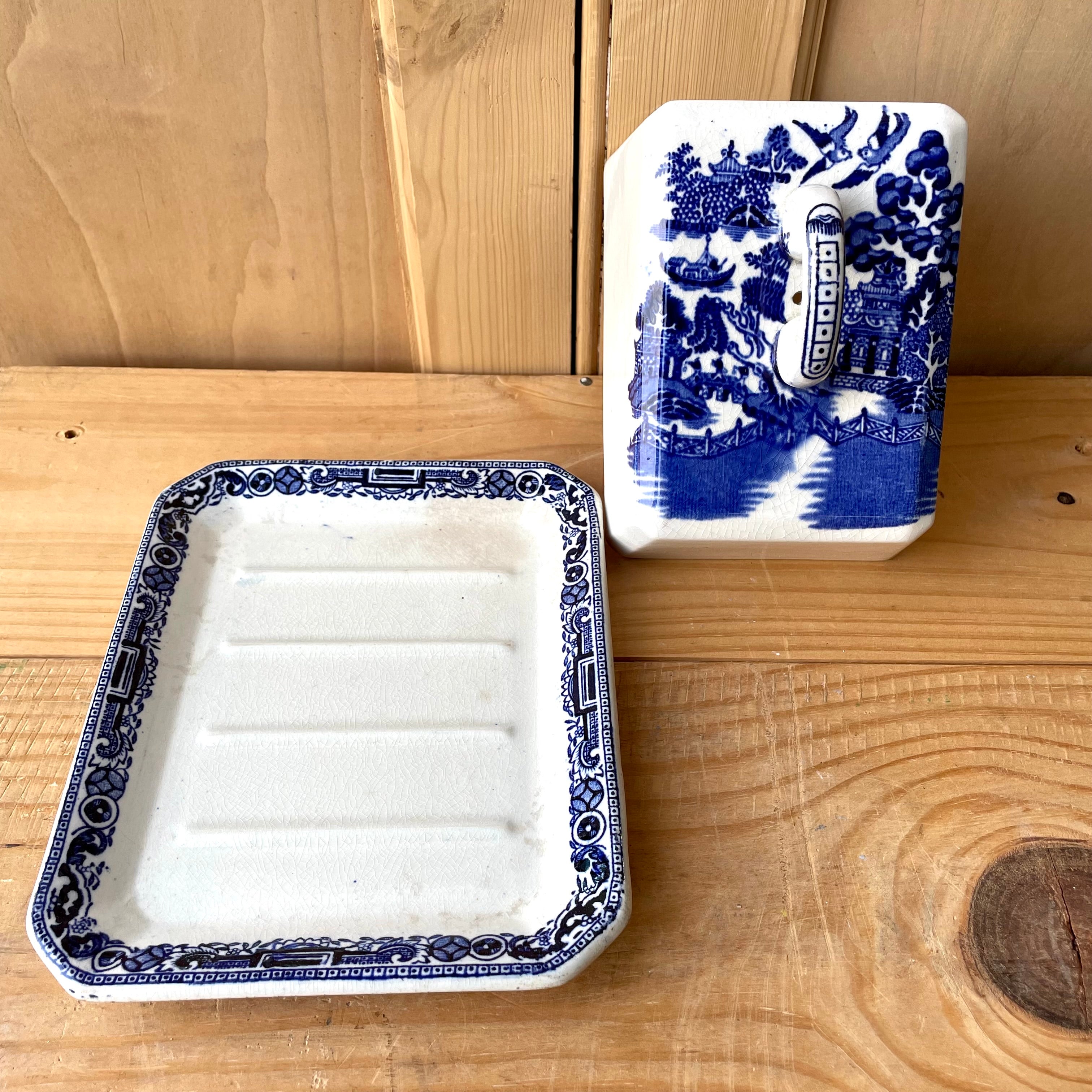 Vintage Blue and hot White Cheese Shaker , Pitcher and Tray